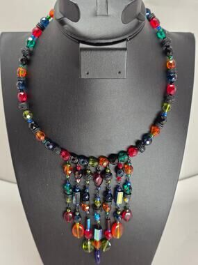 Chico's Multicolor Fringe Glass Beaded Bib Collar Statement Necklace